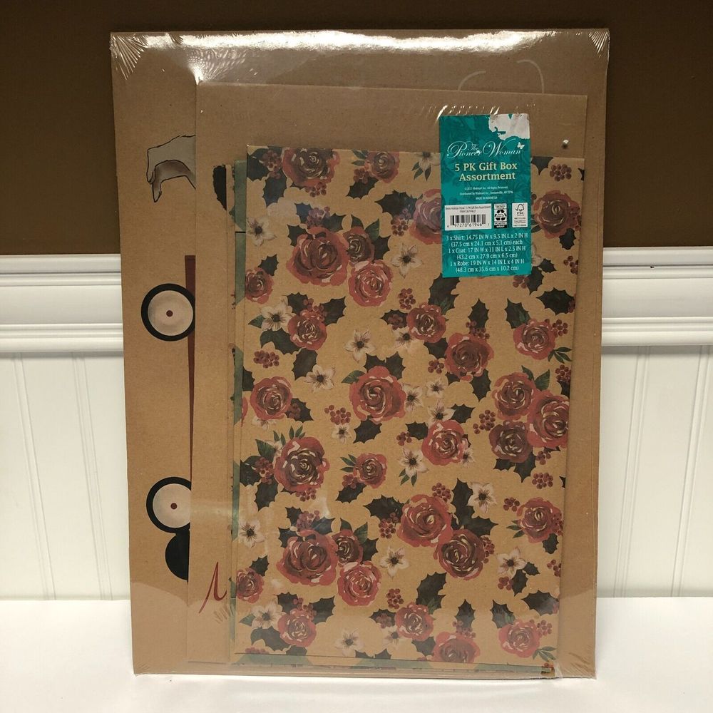 Pioneer Woman Christmas Gift boxes Set Holiday Floral Kraft Animal Country 5pk
